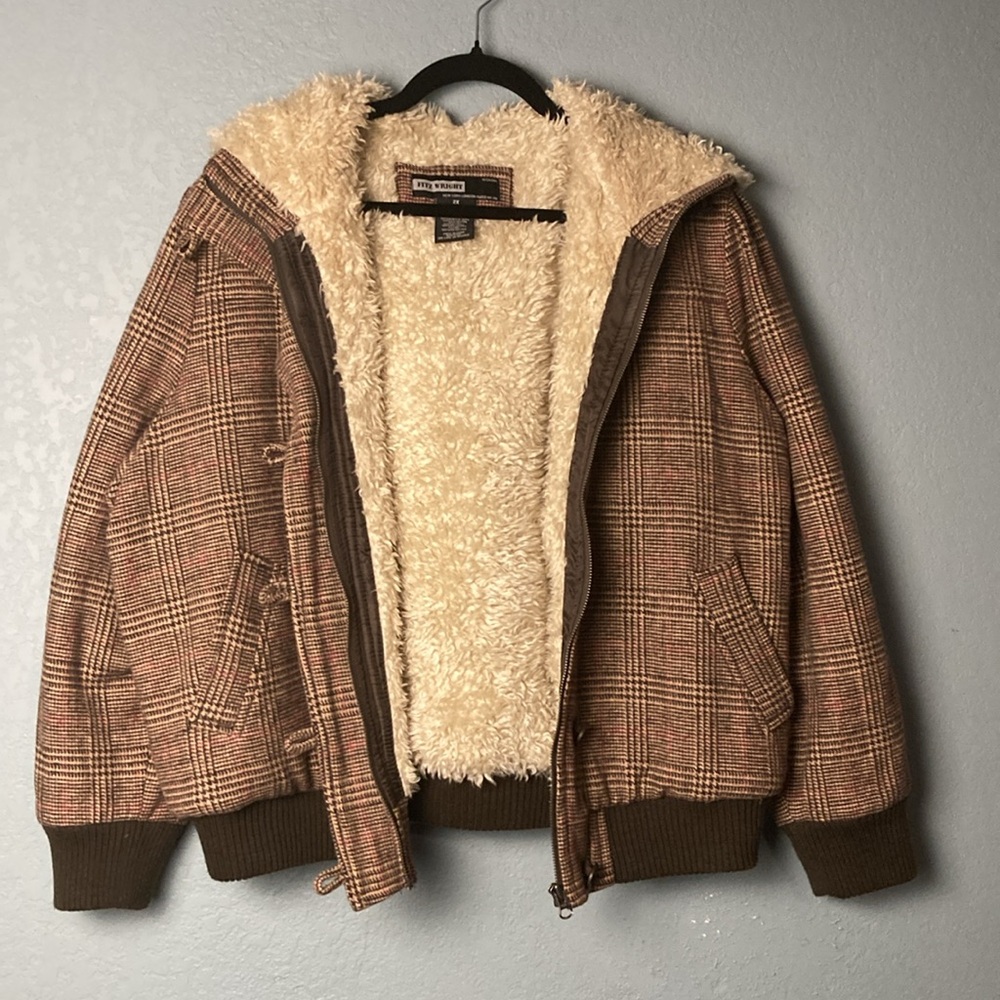 Vintage Fitz Wright Button and Zip Plaid Pea Coat ~ 2X ~ Brown, White